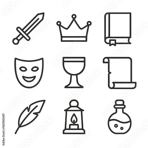 Theatrical Props Icons. Outline icon set of theatrical props: sword, crown, book, mask, goblet, scroll, feather quill, lantern,
