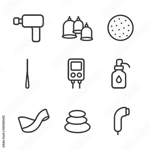 Therapy Tools Icons. Outline icon set of therapeutic tools: massage gun, cupping set, therapy ball, acupuncture needle, electric