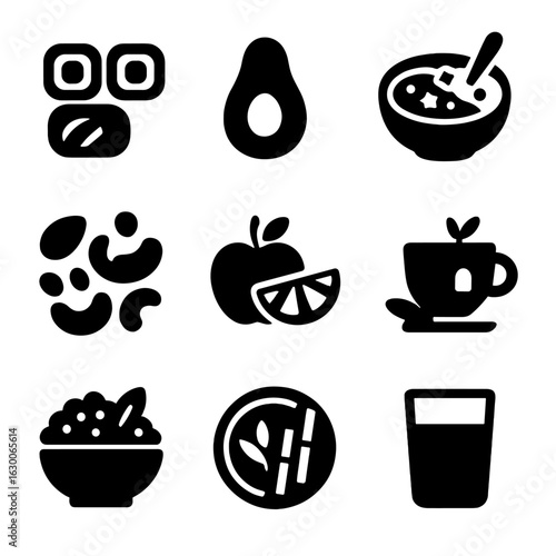 Mindful Eating Icons. Solid, filled icons set of mindful eating: sushi rolls, avocado, smoothie bowl, nuts mix