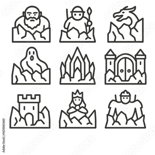 Ice Wall Icon Set. Outline icon set of ice wall mythical themes: frost giant wall, glacier guardian, snow dragon barrier, chilling