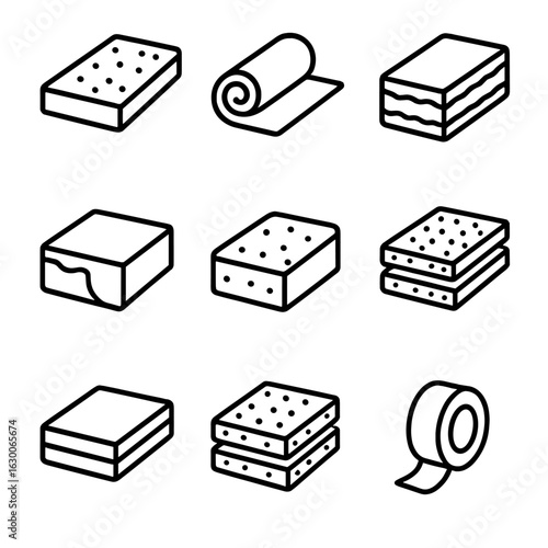 Thermal Insulation Icons. Outline icon set of thermal insulation materials: foam, fiberglass, mineral wool, reflective foil,