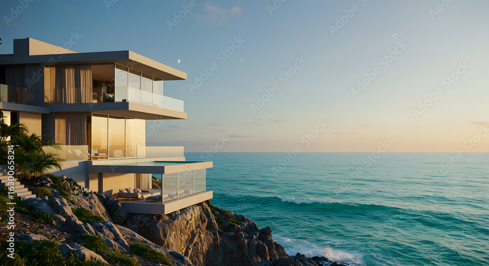 Obraz premium Modern ocean view villa architecture luxury coastal home design real estate property investment dream house