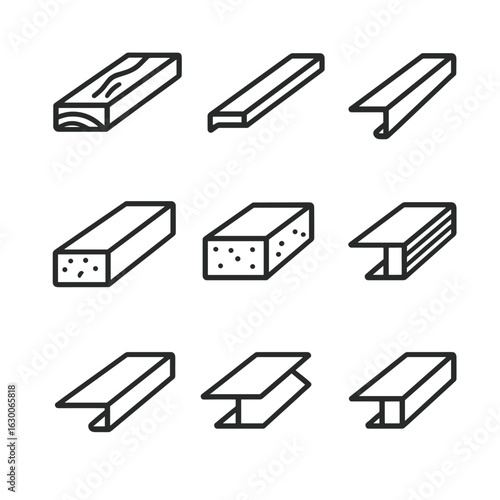 Threshold Material Icons. Outline icon set of threshold materials: wood plank, metal strip, rubber gasket, stone slab, concrete