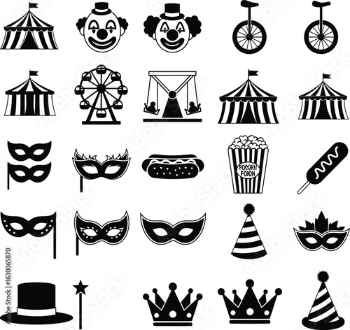 Collection of black and white circus and carnival icons including tents clowns unicycles ferris wheel masks hats and popcorn