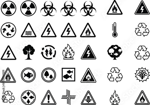 Collection of diverse hazard and warning symbols including radiation biohazard recycling and environmental protection signs