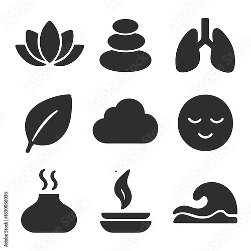 Mindfulness Icon Grid. Solid, filled icons set of mindfulness and relaxation: lotus flower, zen stones,