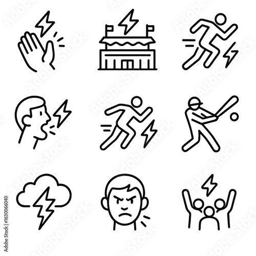 Thunderous Sports Icons. Outline icon set of thunder in sports: thunderous applause, stadium roar, athletes powering through, loud