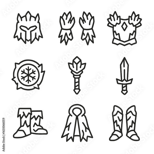 Icy Armor Icon Set. Outline icon set of icy armor components: frozen helmet, frost gauntlets, ice chestplate, glacial boots, snow