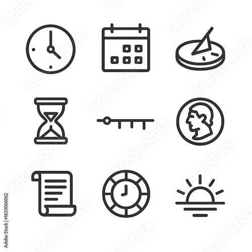 Time Icon Set. Outline icon set of origin in time: clock, calendar, sundial, hourglass, timeline, ancient coin, scroll, calendar