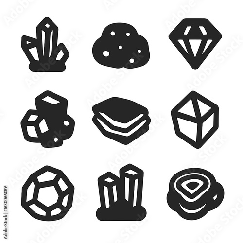 Mineralogy Icon Grid. Solid, filled icons set of mineralogy: quartz crystal, gold nugget, gemstone, pyrite,