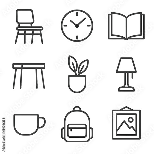 Minimalist Icon Set. Outline icon set of minimalist lifestyle: simple chair, clock, open book, small table,