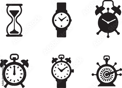 Time concepts and clocks: hourglass, wristwatch, and alarm clocks in graphic