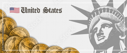 Vector textured cover, postcard or checkbook. Flag of United States of America. Modern coins, denomination of 1 US dollar. Head of famous American statue. One. Liberty. Symbol and landmark of USA