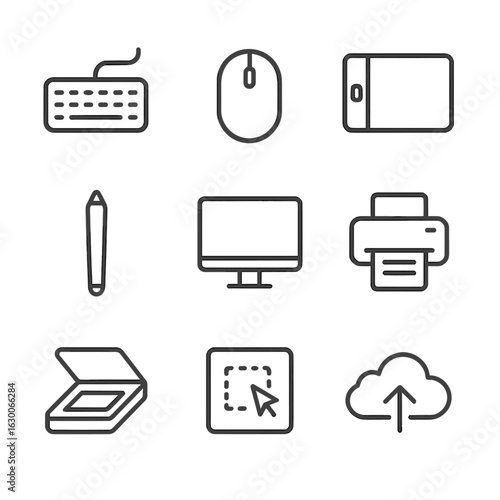Digital Tools Icons. Outline icon set of digital inscription tools: keyboard, mouse, graphic tablet, stylus pen, monitor, printer,