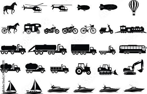 Collection of diverse transportation vehicles and modes of transport depicted as black silhouettes on a white background