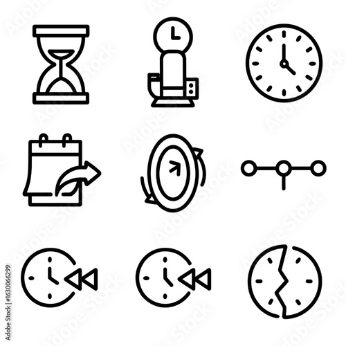Time Travel Icons. Outline icon set of time travel themes: hourglass, time machine, clock face, calendar flipping, time portal,