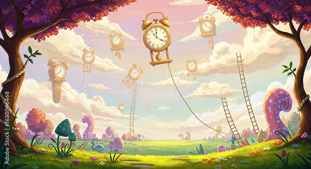 Whimsical Fantasy Landscape: Floating Clocks, Ladders, and Colorful Mushrooms in a Dreamlike Setting.