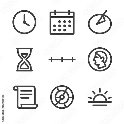 Time Icon Set. Outline icon set of origin in time: clock, calendar, sundial, hourglass, timeline, ancient coin, scroll, calendar