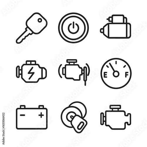 Ignition Icon Set. Outline icon set of engine ignition: ignition key, start button, starter motor, dashboard light, engine