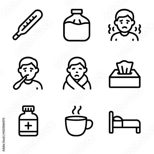 Illness Icon Set. Outline icon set of shiver in illness: thermometer, cold compress, chills, fever, blanket, tissue box, medicine