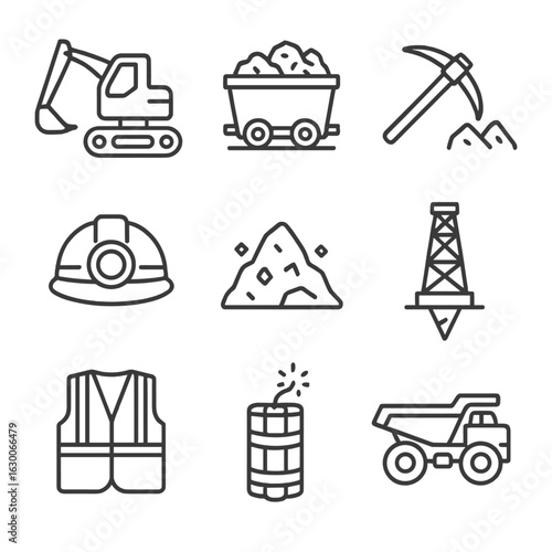 Mining Icons Set. Outline icon set of mining industry: excavator, mining cart, pickaxe, helmet lamp, ore pile,