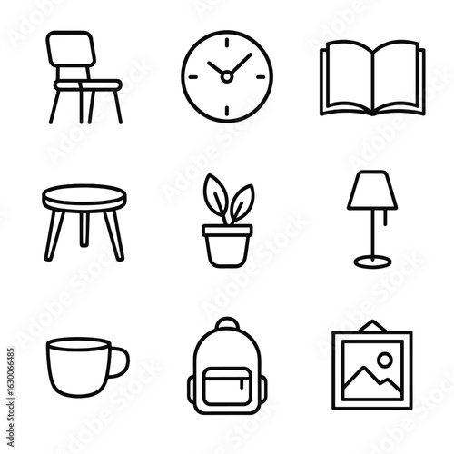 Minimalist Icon Set. Outline icon set of minimalist lifestyle: simple chair, clock, open book, small table,