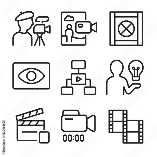 Directing Styles Icons. Outline icon set of directing styles: auteur icon, documentary style, experimental frame, narrative
