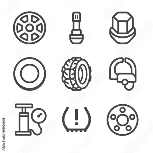 Tire Accessories Icons. Outline icon set of tire accessories: hubcap, tire valve, wheel nut, tire cover, tire chains, tire lock,