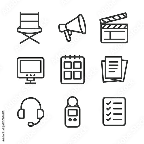 Director Tools Icons. Outline icon set of film director tools: director’s chair, megaphone, clapboard, camera monitor, storyboard