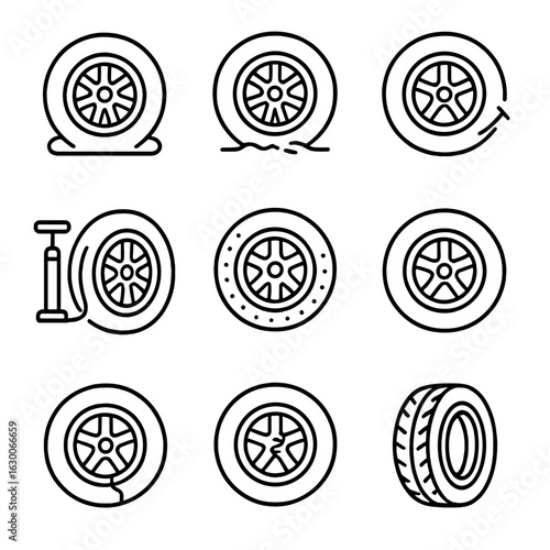 Tire Condition Icons. Outline icon set of tire conditions: flat tire, worn tire, punctured tire, inflated tire, studded tire, bald