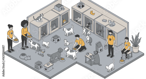Volunteers caring for dogs and cats in a shelter, providing food and attention.