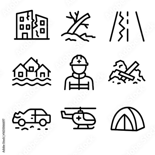Disaster Aftermath Icons. Outline icon set of aftermath disaster: broken buildings, fallen trees, cracked roads, flooded areas,