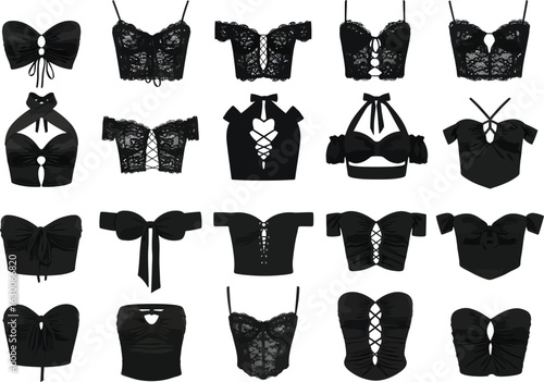 Collection of black lace corset tops and bralettes featuring various styles and designs for fashionable apparel