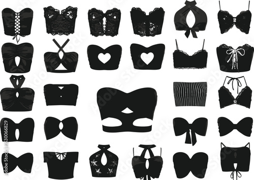 Collection of black lace and satin gothic and burlesque style bustiers and corsets for fashion and lingerie