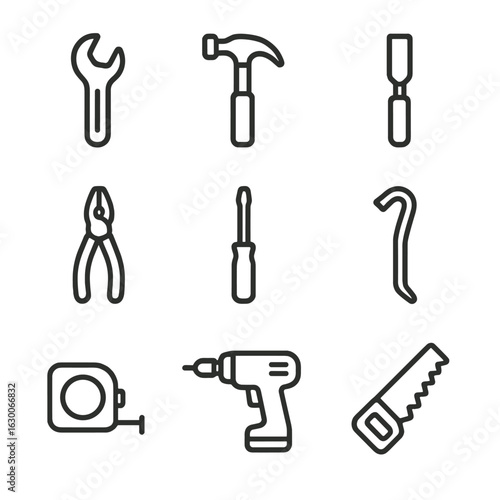 Tool Icon Set. Outline icon set of clang in tools: wrench, hammer, chisel, pliers, screwdriver, crowbar, tape measure, drill, saw.