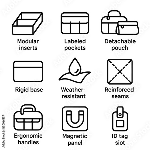 Tool Bag Icon Set. Outline icon set of organized tool bag features: modular inserts, labeled pockets, detachable pouch, rigid base