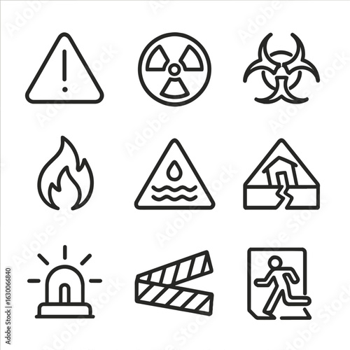 Disaster Warning Icons. Outline icon set of aftermath warning signs: hazard sign, radiation symbol, biohazard, fire alert, flood