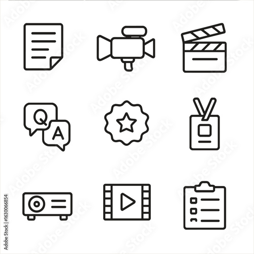 Indie Film Icons. Outline icon set of indie film showcase: script page, handheld camera, film slate, Q&A icon, indie badge,