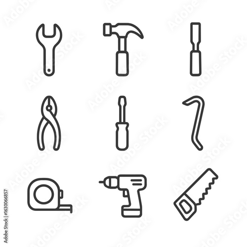 Tool Icon Set. Outline icon set of clang in tools: wrench, hammer, chisel, pliers, screwdriver, crowbar, tape measure, drill, saw.