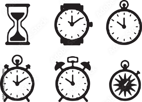 Various clocks and hourglass depicting time, deadlines, and schedules