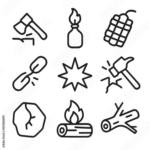Tools of Destruction Icons. Outline icon set of destruction tools and effects: axe chopping, firebomb, dynamite sticks, broken