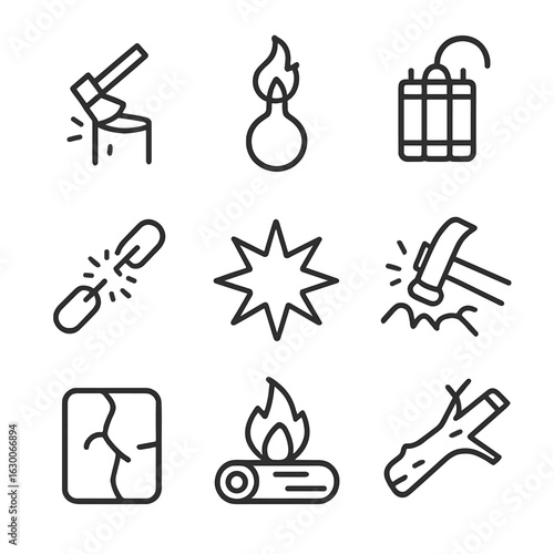 Tools of Destruction Icons. Outline icon set of destruction tools and effects: axe chopping, firebomb, dynamite sticks, broken
