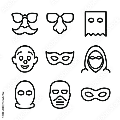 Disguise Mask Icons. Outline icon set of disguise masks: mustache mask, sunglasses disguise, false nose, paper bag mask, cartoon