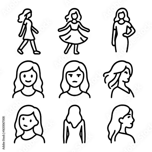 Model Pose Icons. Outline icon set of Model poses and expressions: walking pose, twirling dress, hand on hip,
