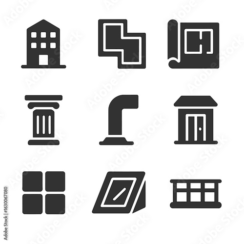 Modern Architectural Icons. Solid, filled icons set of architectural rooftop design: building outline, rooftop