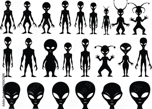 Collection of diverse alien silhouettes including full body figures and heads showcasing various extraterrestrial designs and forms