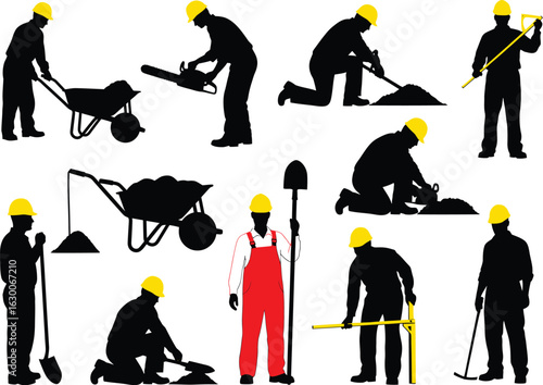 Silhouettes of construction workers in various poses performing different tasks with tools on a white background