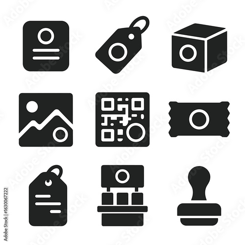 Modern Branding Icons. Solid, filled icons set of product branding: product label, hang tag, branded box,