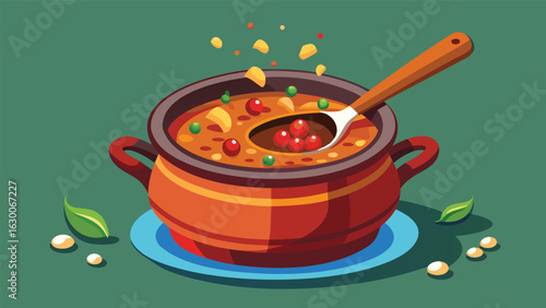 Illustration of a pot of soup with a spoon containing red berries on a blue plate with leaves