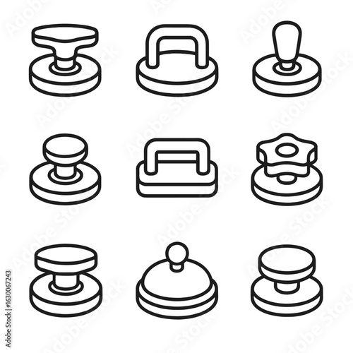 Industrial Knob Icons. Outline icon set of industrial lid knobs: machine lid knob, equipment handle, control panel knob, safety